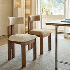 Vintage Wood Dining Chair with Sculptural Back and Linen Upholstery