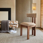 Vintage Wood Dining Chair with Sculptural Back and Linen Upholstery