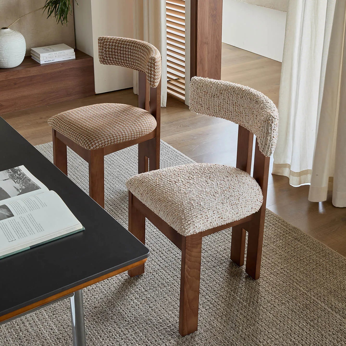 Vintage Wood Dining Chair with Sculptural Back and Linen Upholstery