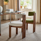 Vintage Wood Dining Chair with Sculptural Back and Linen Upholstery