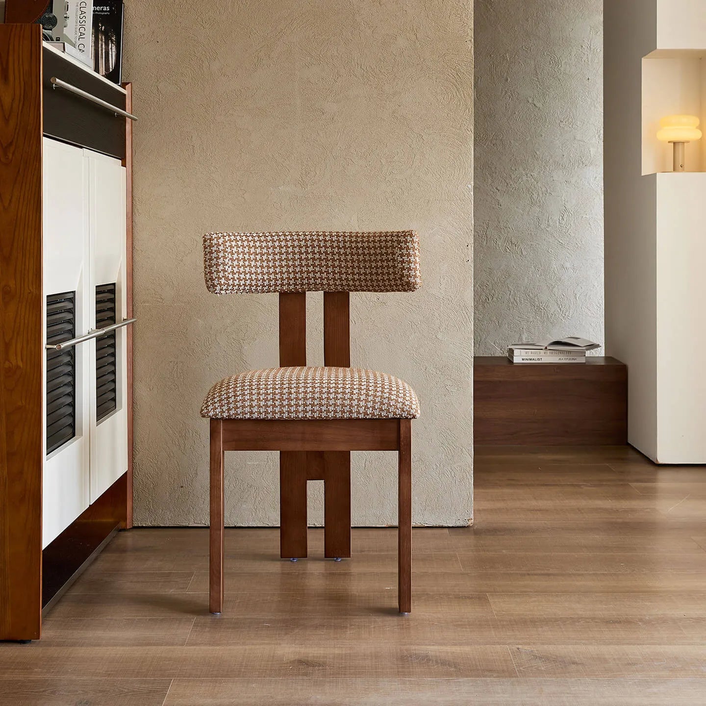 Vintage Wood Dining Chair with Sculptural Back and Linen Upholstery