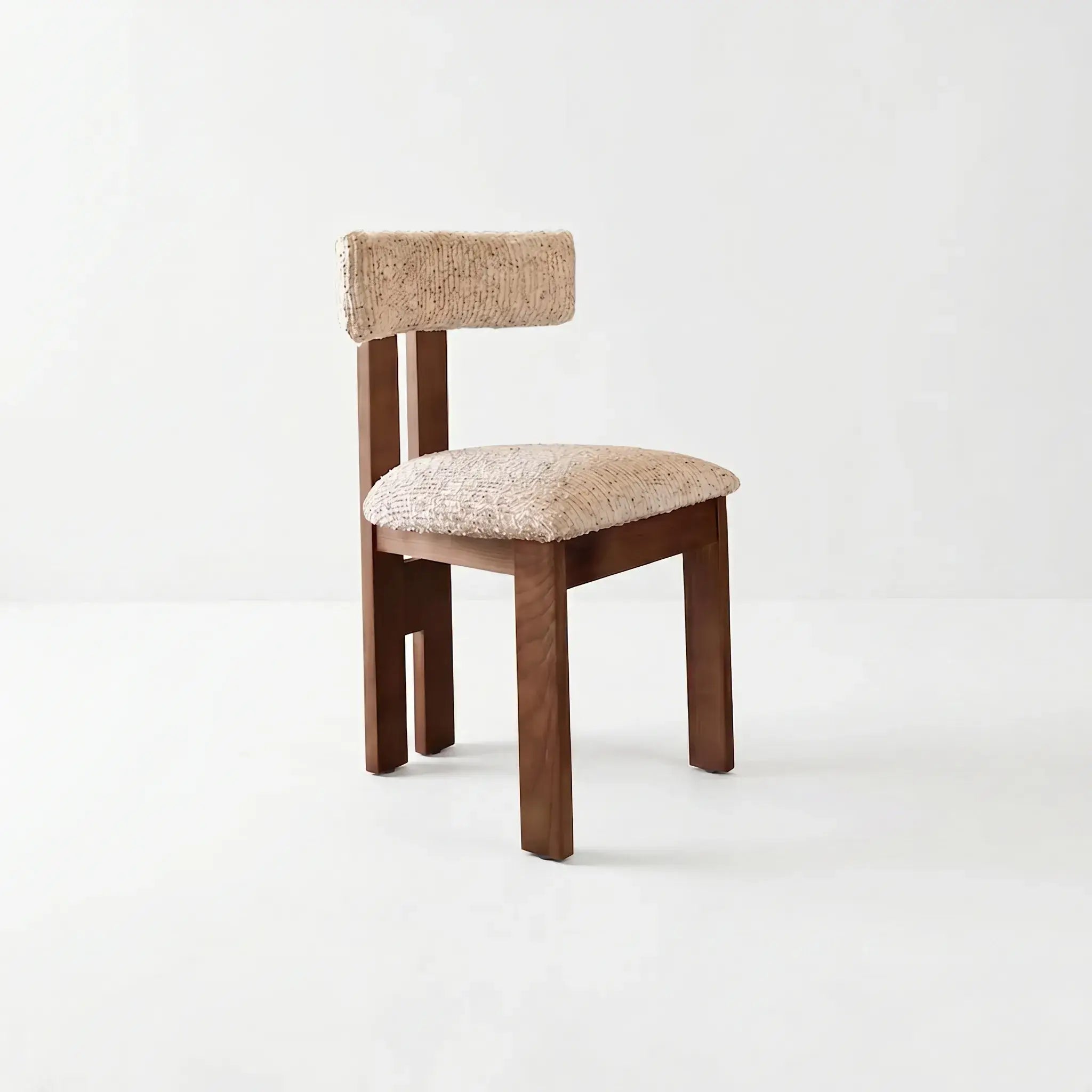 Vintage Wood Dining Chair with Sculptural Back and Linen Upholstery
