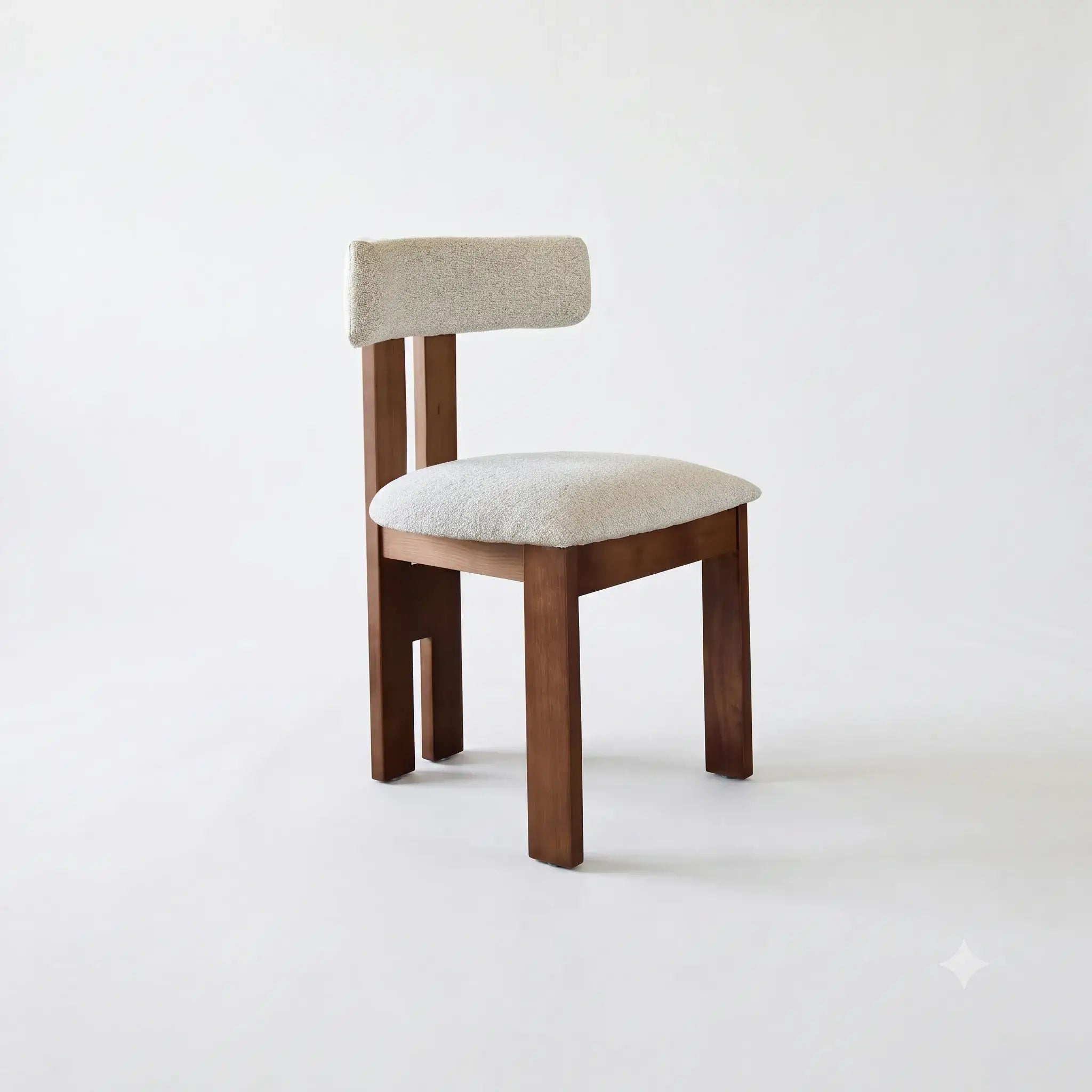 Vintage Wood Dining Chair with Sculptural Back and Linen Upholstery