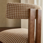 Vintage Wood Dining Chair with Sculptural Back and Linen Upholstery
