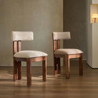 Vintage Wood Dining Chair with Sculptural Back and Linen Upholstery Main Product Image