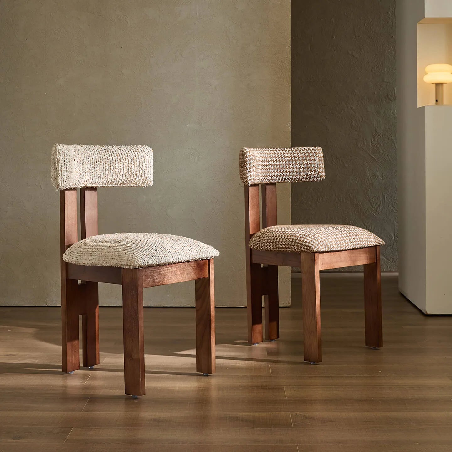 Vintage Wood Dining Chair with Sculptural Back and Linen Upholstery Main Product Image Main image