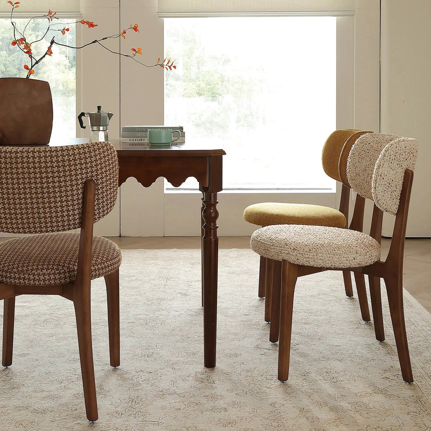 Vintage Wood Dining Chair with Sculptural Curved Back and Textured Monet Fabric