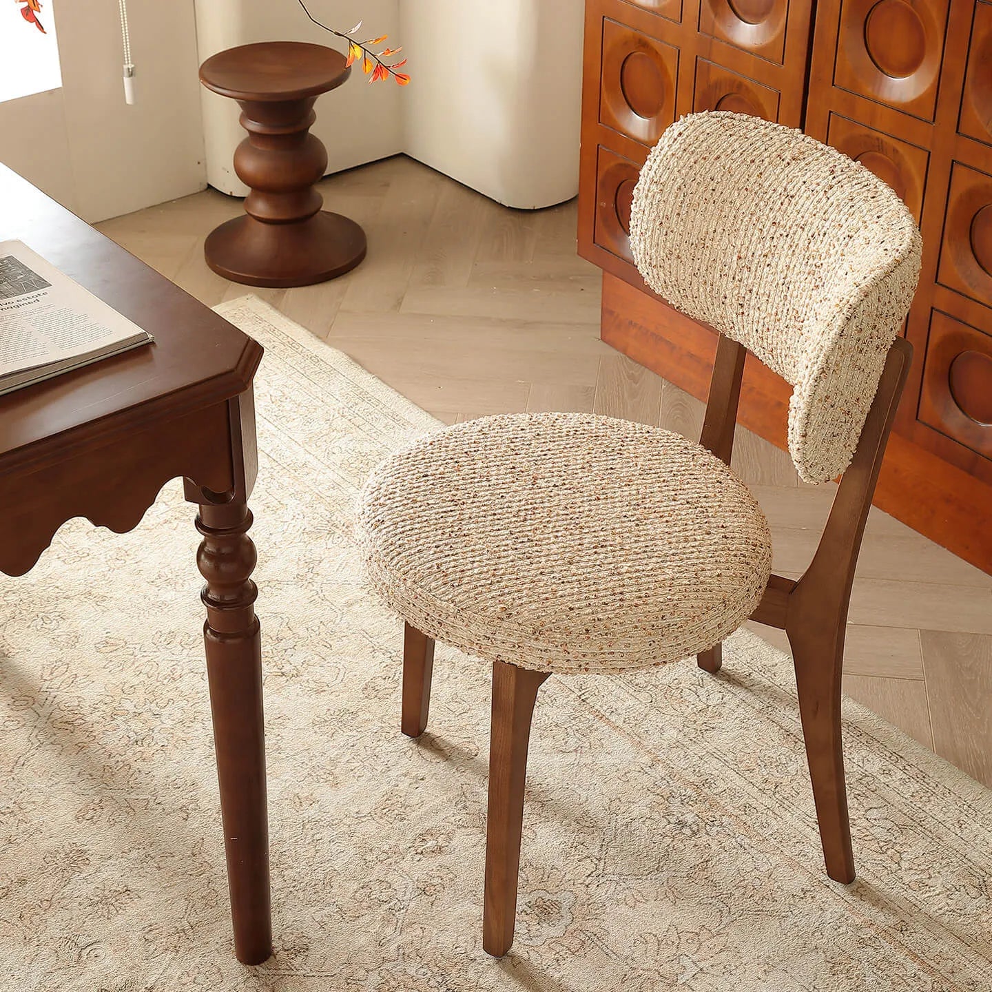 Vintage Wood Dining Chair with Sculptural Curved Back and Textured Monet Fabric