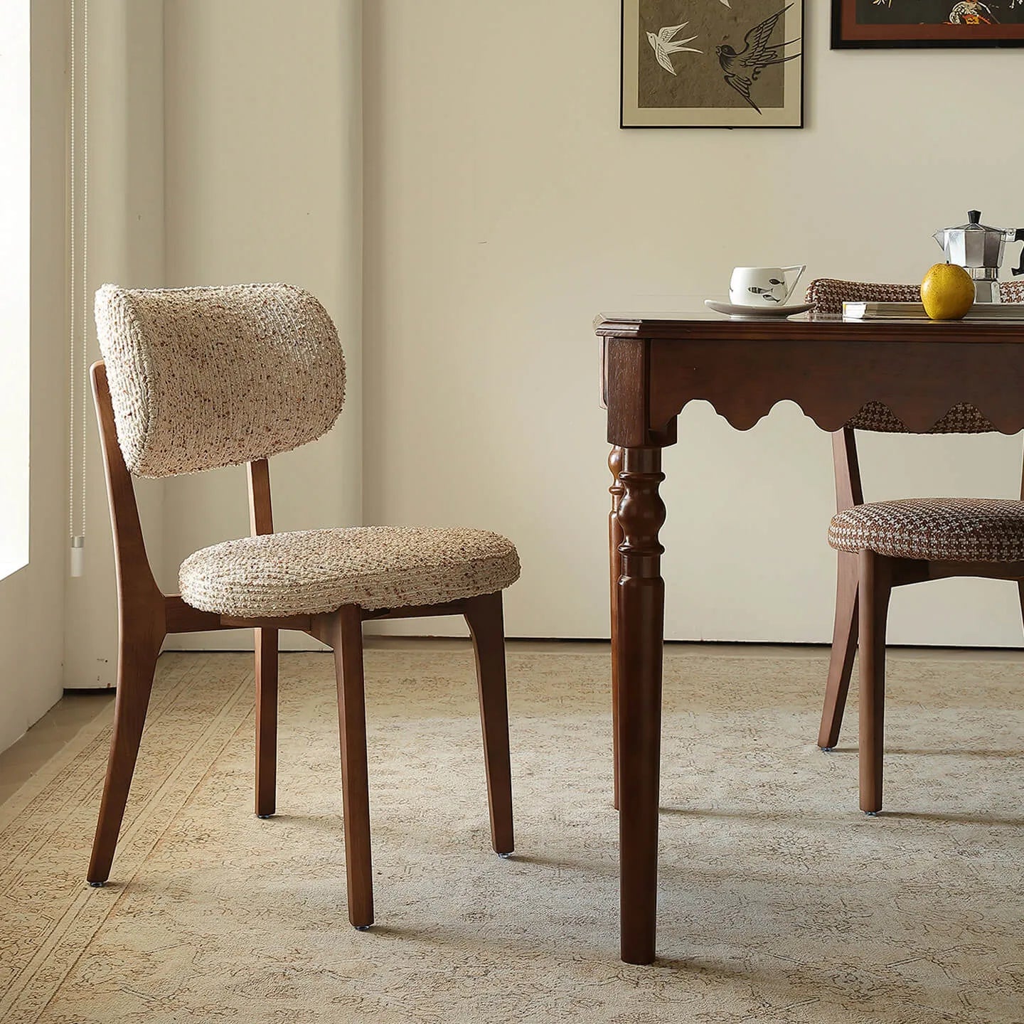 Vintage Wood Dining Chair with Sculptural Curved Back and Textured Monet Fabric