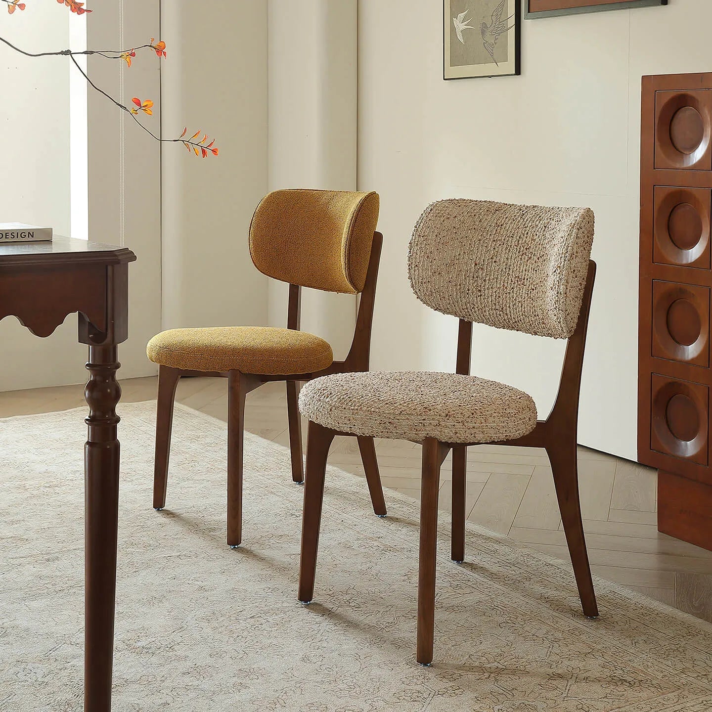 Vintage Wood Dining Chair with Sculptural Curved Back and Textured Monet Fabric Main Product Image Imagen principal del producto