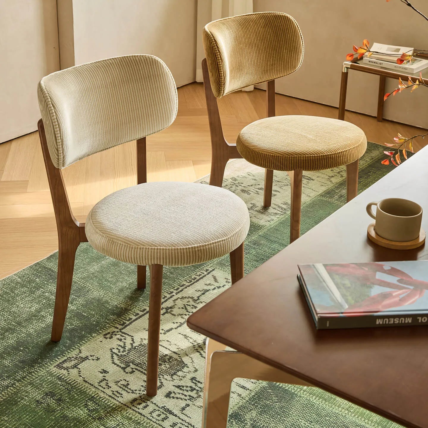 Vintage Wood Dining Chair with Sculptural Silhouette and Corduroy Upholstery Secondary image