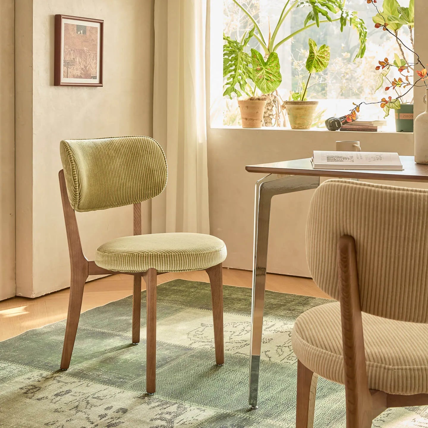 Vintage Wood Dining Chair with Sculptural Silhouette and Corduroy Upholstery Main Product Image Main image