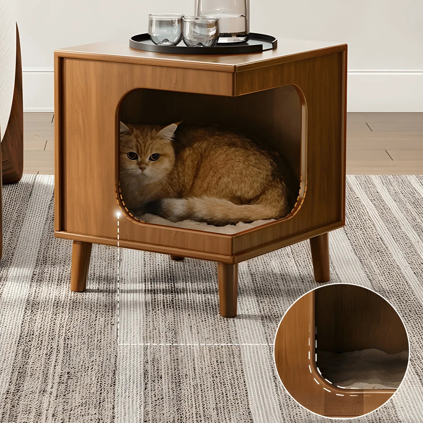 Vintage Wood Side Table with Pet Nook, Multifunctional Coffee Table Nightstand