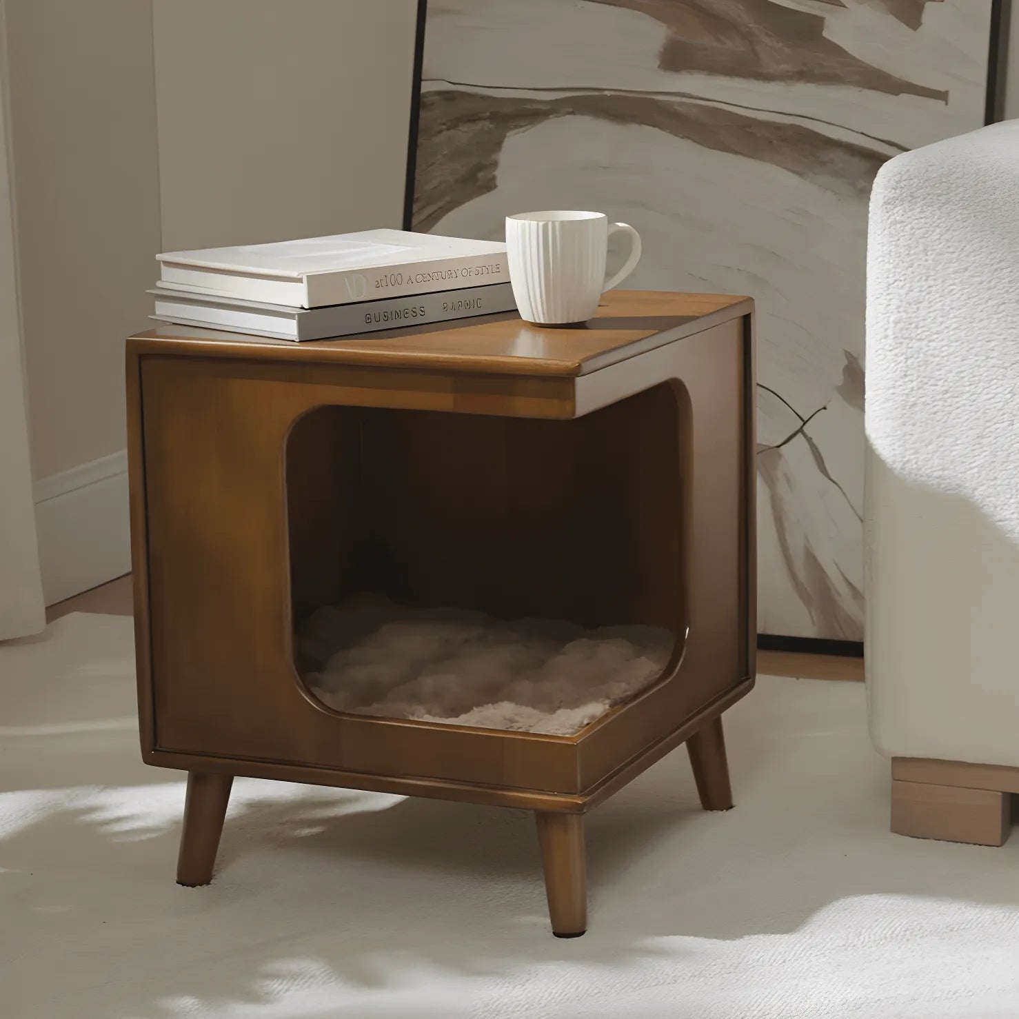 Vintage Wood Side Table with Pet Nook, Multifunctional Coffee Table Nightstand