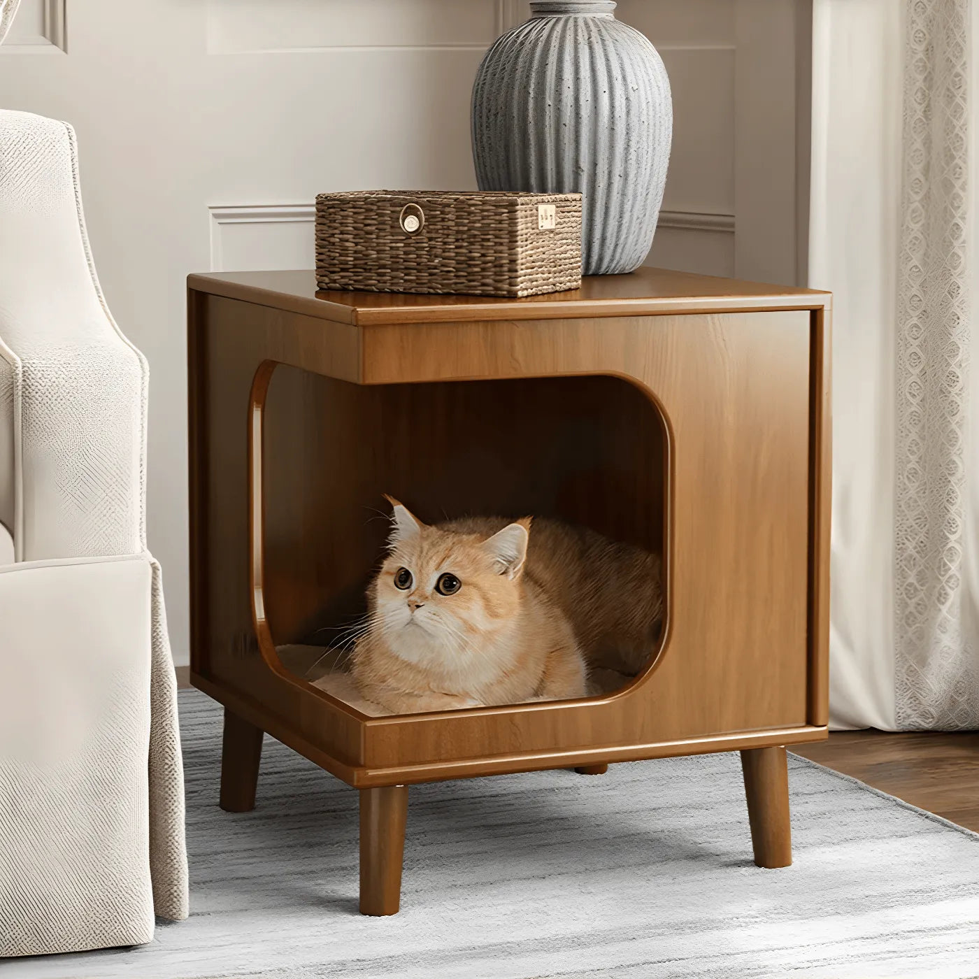 Vintage Wood Side Table with Pet Nook, Multifunctional Coffee Table Nightstand Main Product Image