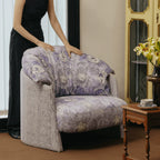Violet Floral Accent Armchair with Embracing Curves and Retro Lounge Appeal