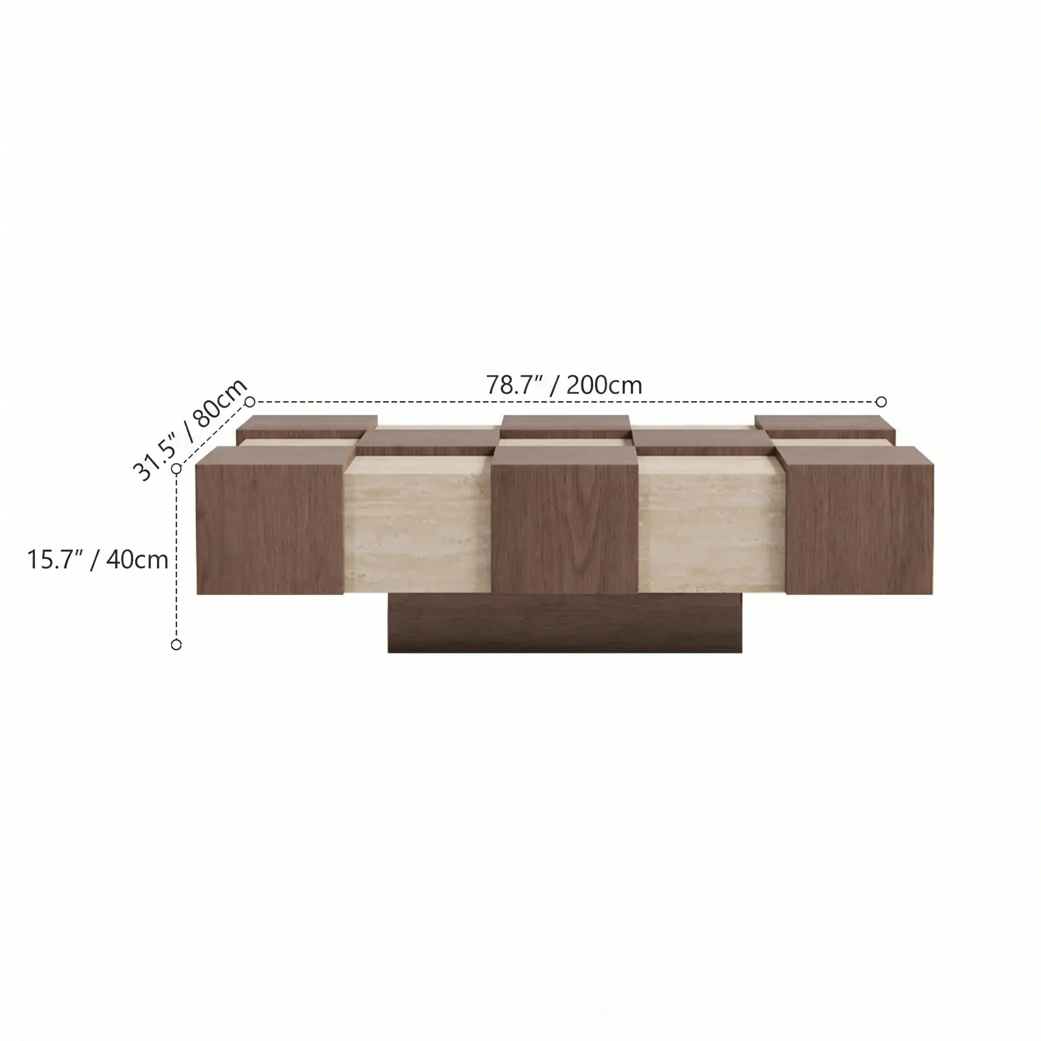 Wabi-Sabi Checkerboard Coffee Table with Travertine Inlay and Sculptural Tapered Base Dimensions