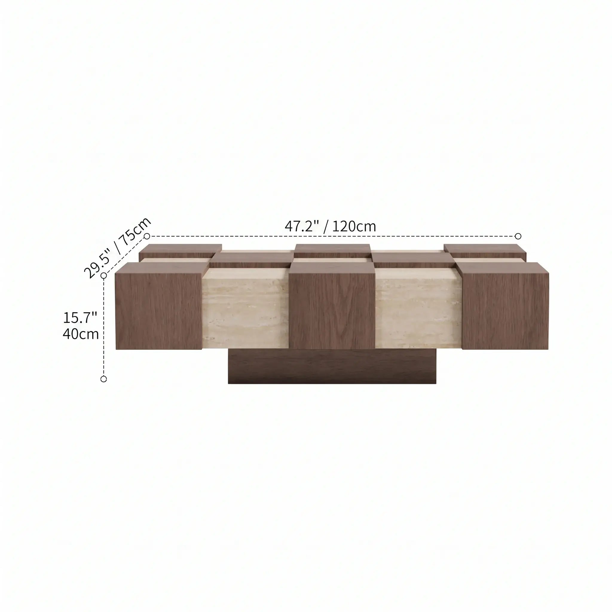 Wabi-Sabi Checkerboard Coffee Table with Travertine Inlay and Sculptural Tapered Base Dimensions