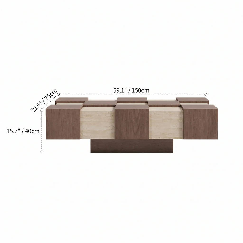 Wabi-Sabi Checkerboard Coffee Table with Travertine Inlay and Sculptural Tapered Base Dimensions