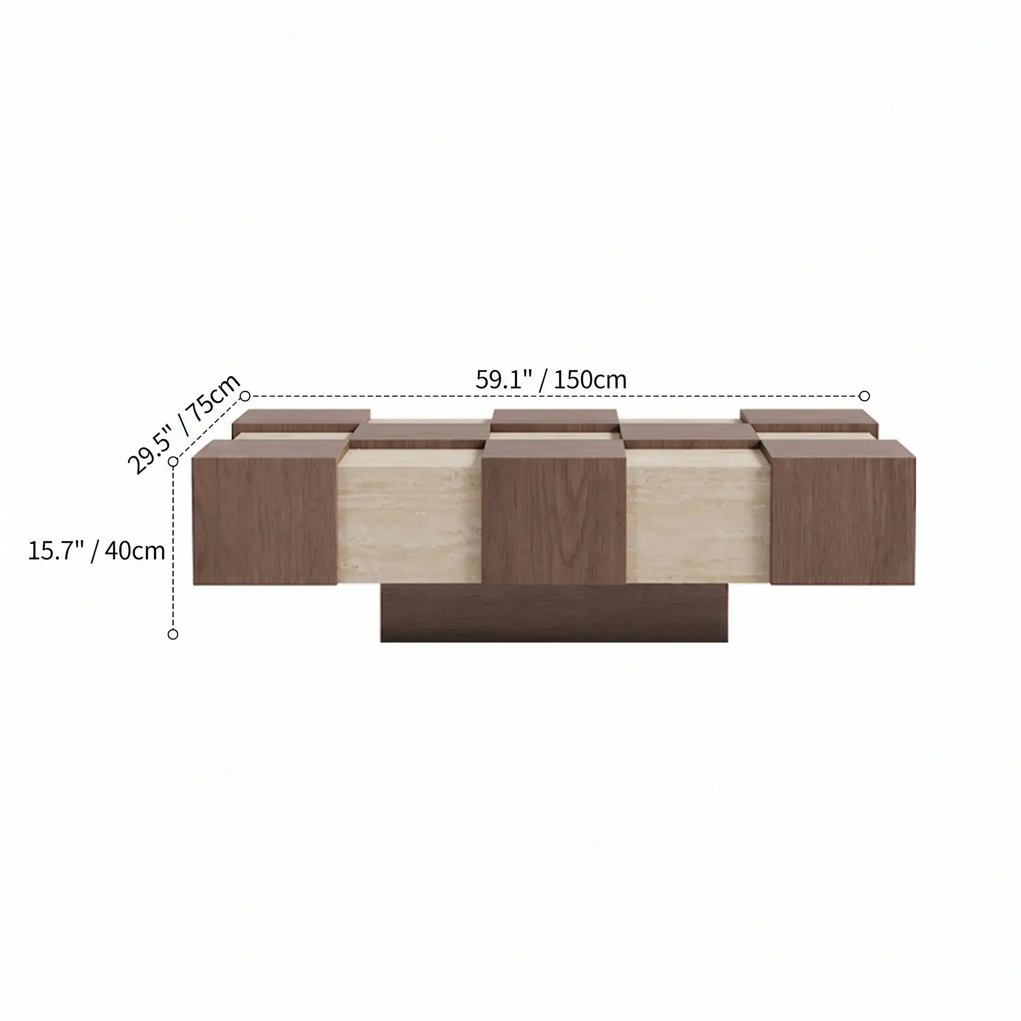 Wabi-Sabi Checkerboard Coffee Table with Travertine Inlay and Sculptural Tapered Base Dimensions