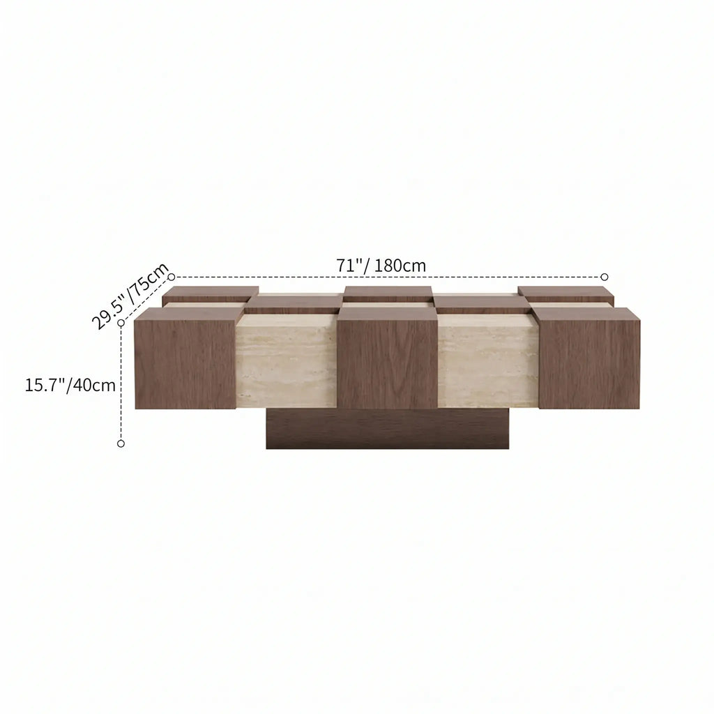 Wabi-Sabi Checkerboard Coffee Table with Travertine Inlay and Sculptural Tapered Base Dimensions