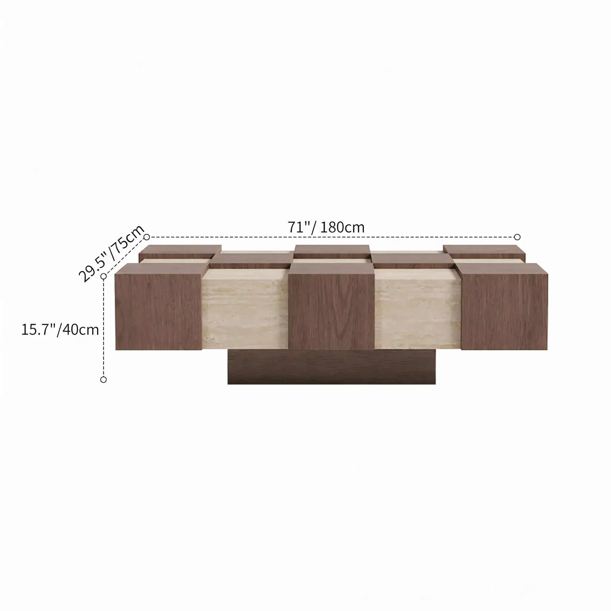Wabi-Sabi Checkerboard Coffee Table with Travertine Inlay and Sculptural Tapered Base Dimensions