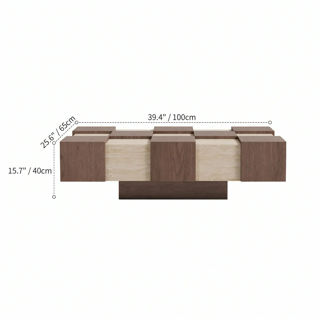 Wabi-Sabi Checkerboard Coffee Table with Travertine Inlay and Sculptural Tapered Base Dimensions