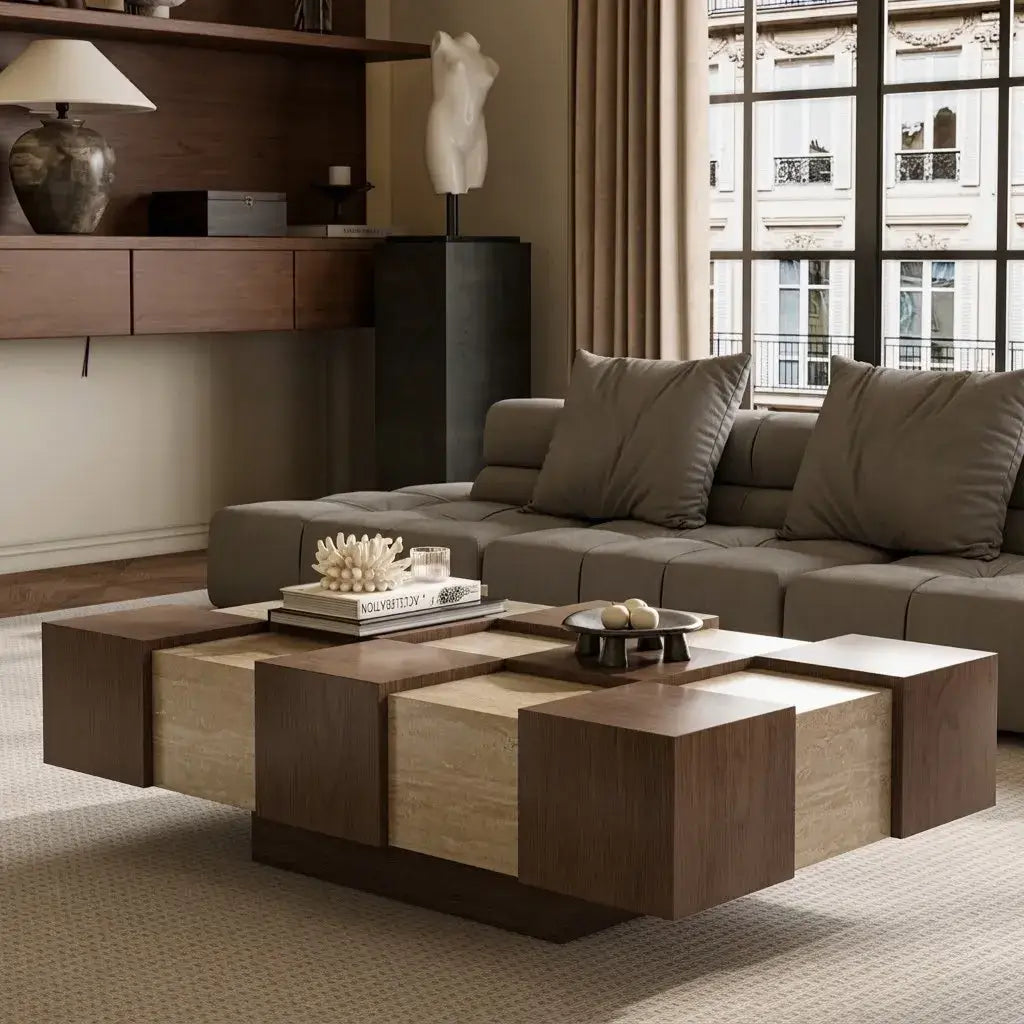 Wabi-Sabi Checkerboard Coffee Table with Travertine Inlay and Sculptural Tapered Base