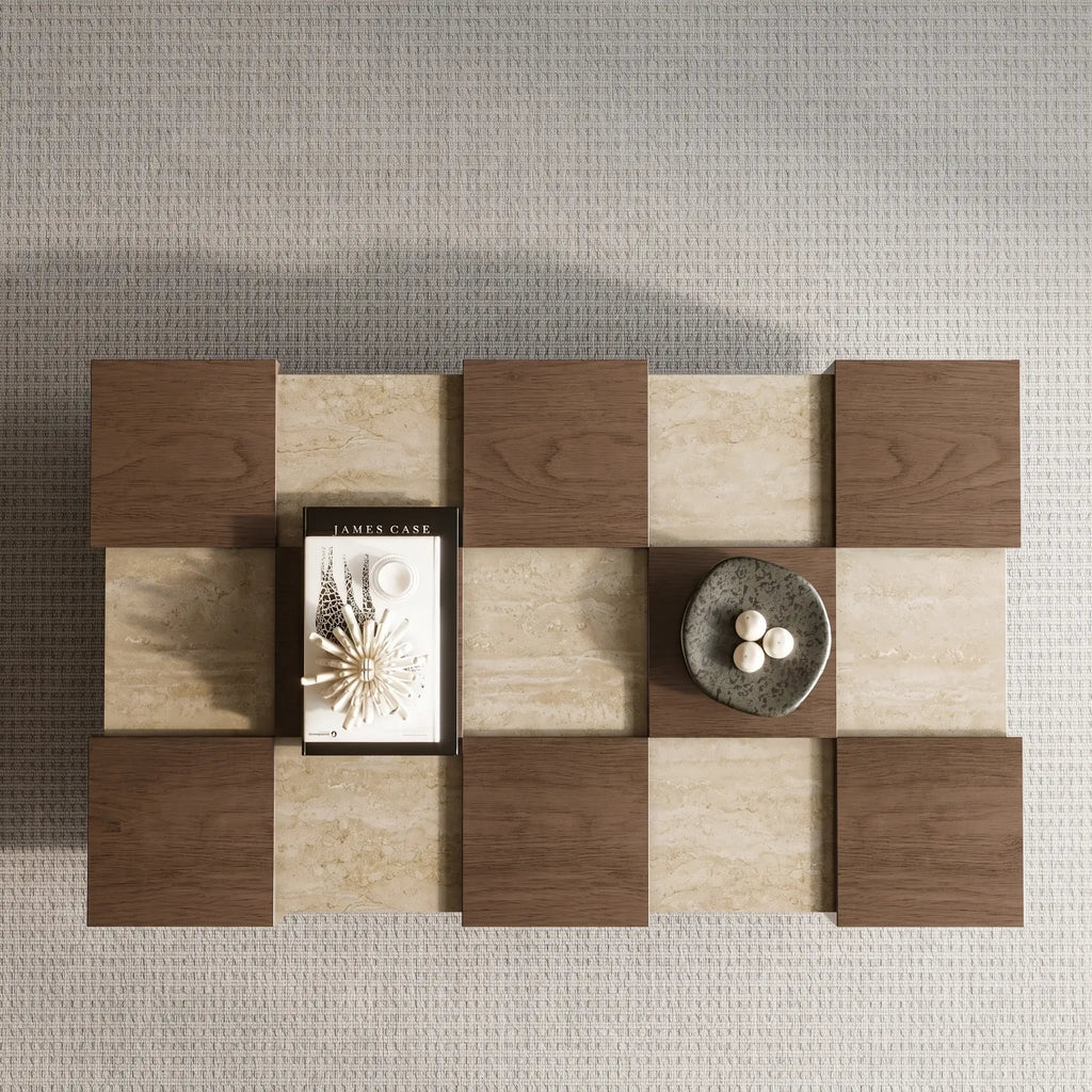 Wabi-Sabi Checkerboard Coffee Table with Travertine Inlay and Sculptural Tapered Base