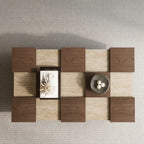 Wabi-Sabi Checkerboard Coffee Table with Travertine Inlay and Sculptural Tapered Base