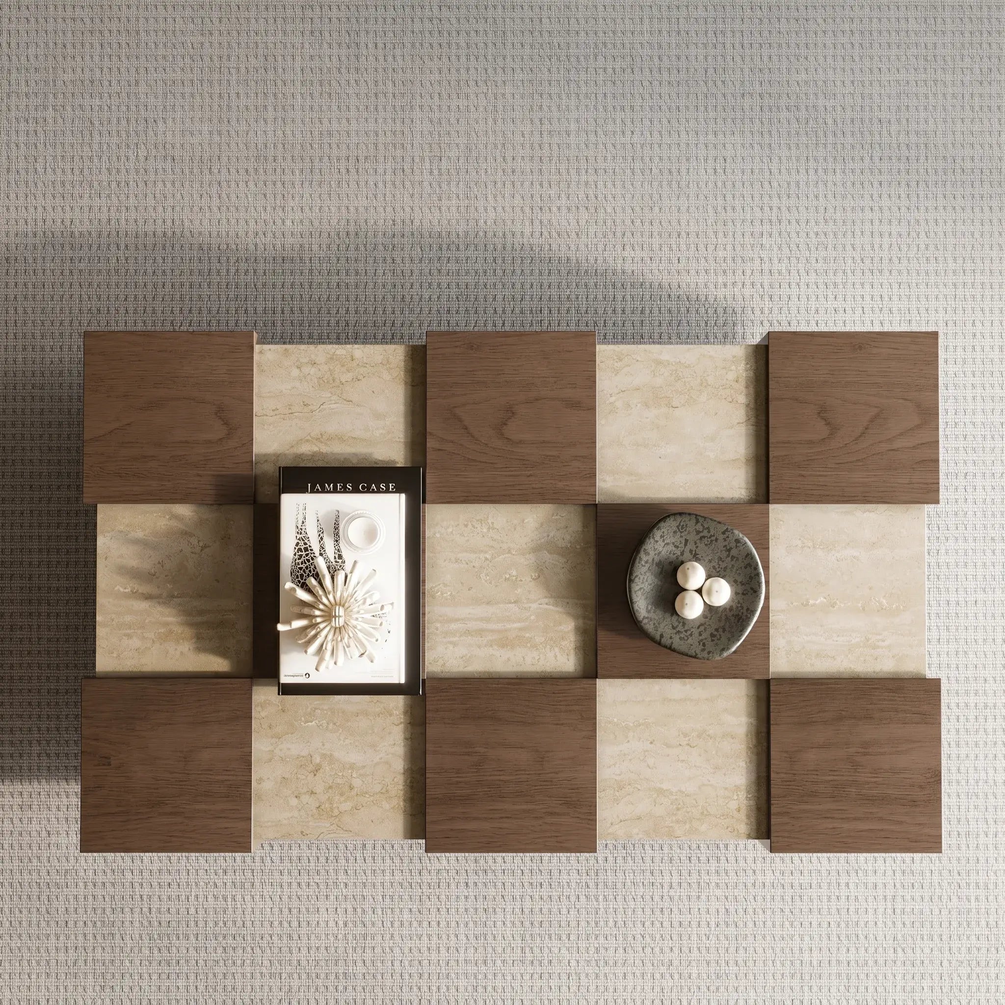 Wabi-Sabi Checkerboard Coffee Table with Travertine Inlay and Sculptural Tapered Base