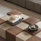 Wabi-Sabi Checkerboard Coffee Table with Travertine Inlay and Sculptural Tapered Base