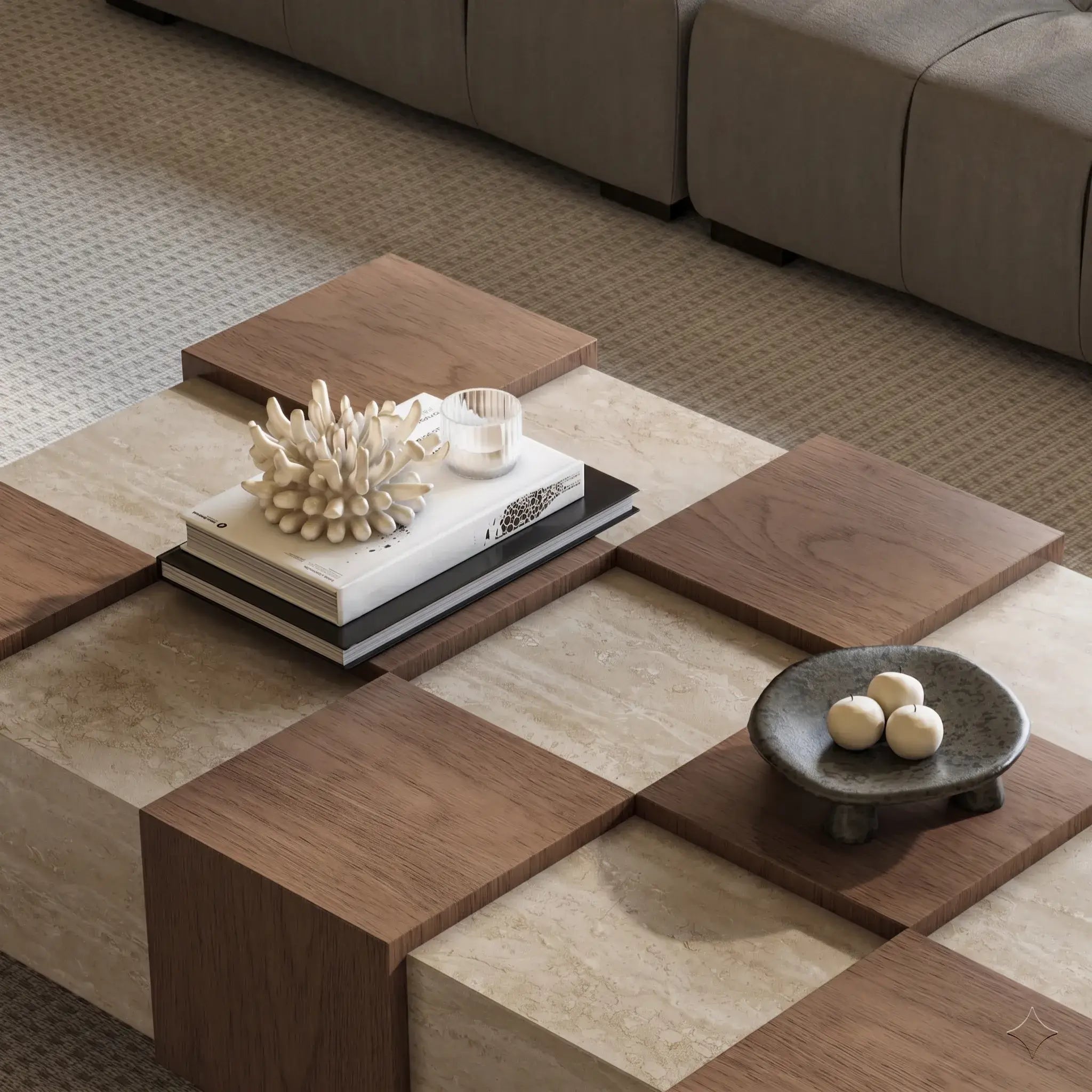 Wabi-Sabi Checkerboard Coffee Table with Travertine Inlay and Sculptural Tapered Base