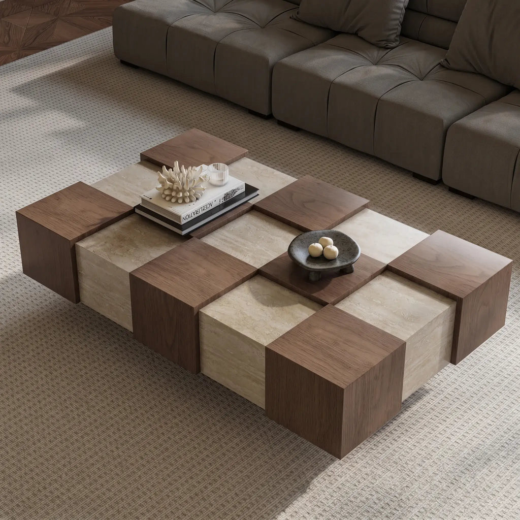 Wabi-Sabi Checkerboard Coffee Table with Travertine Inlay and Sculptural Tapered Base Main Product Image