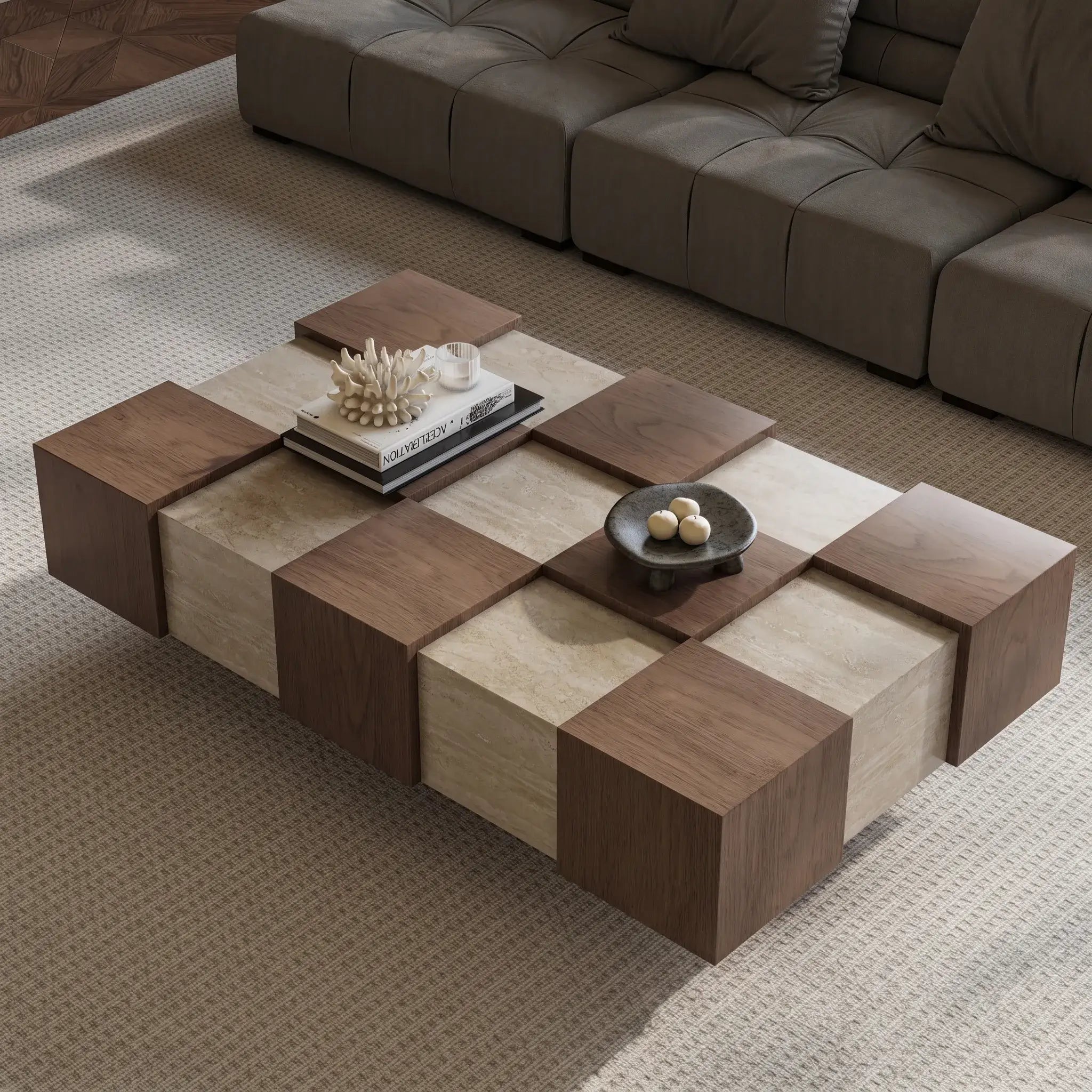 Wabi-Sabi Checkerboard Coffee Table with Travertine Inlay and Sculptural Tapered Base Main Product Image