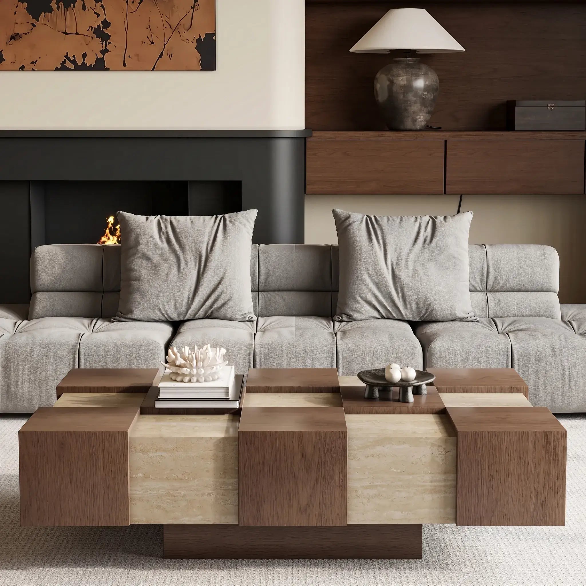 Wabi-Sabi Checkerboard Coffee Table with Travertine Inlay and Sculptural Tapered Base