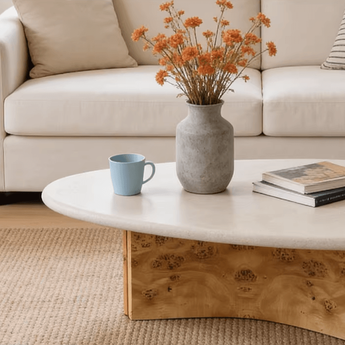 Wabi-Sabi Limestone Coffee Table with Sculptural Burlwood Base
