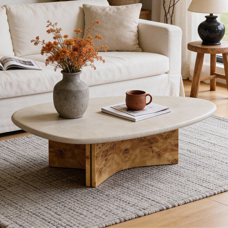 Wabi-Sabi Limestone Coffee Table with Sculptural Burlwood Base Main Product Image