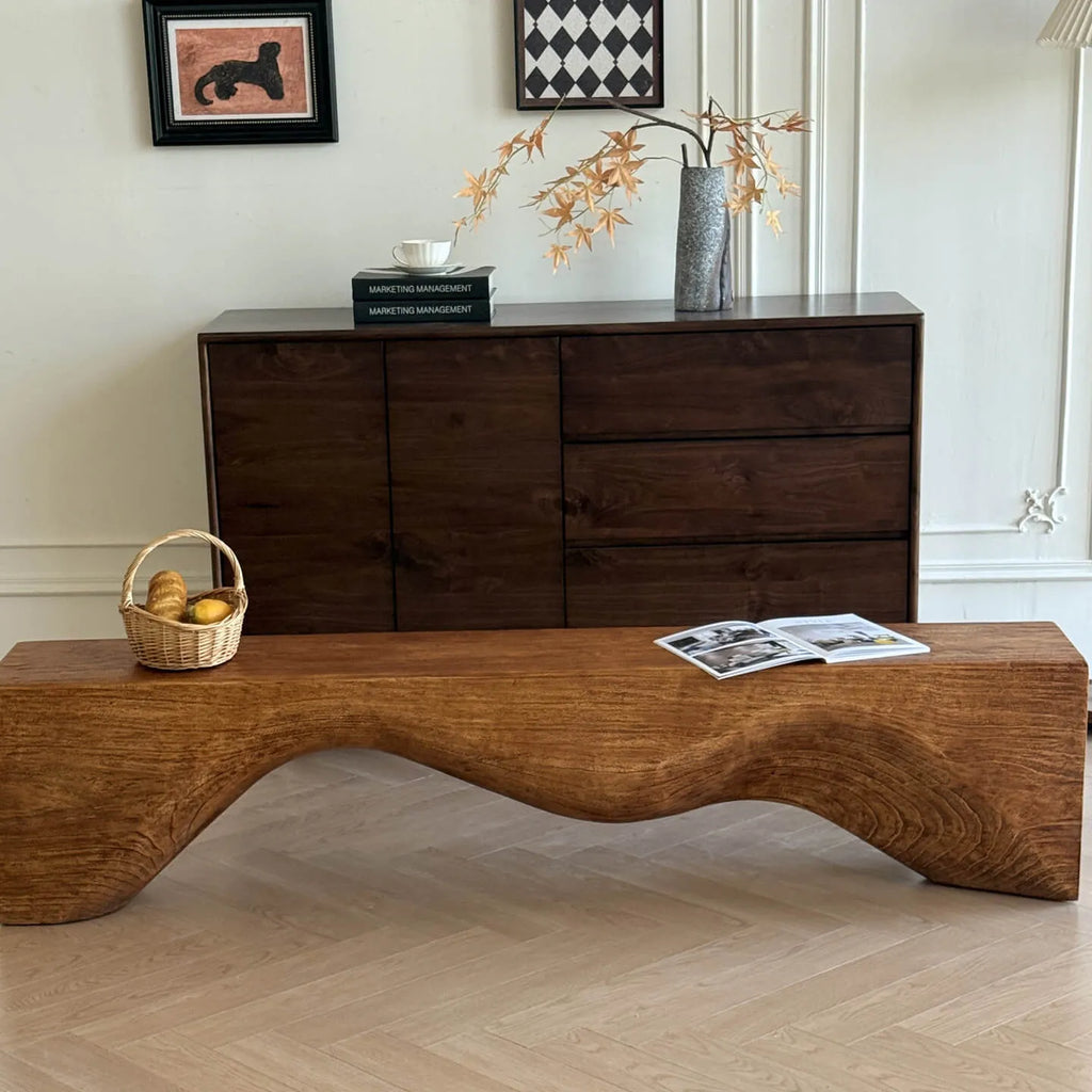 Wabi-Sabi Low Solid Wood Entryway Bench with Sculptural Undulating Form