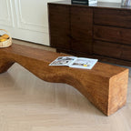 Wabi-Sabi Low Solid Wood Entryway Bench with Sculptural Undulating Form