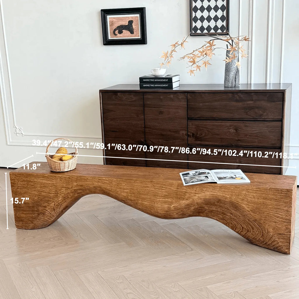 Wabi-Sabi Low Solid Wood Entryway Bench with Sculptural Undulating Form Dimensions