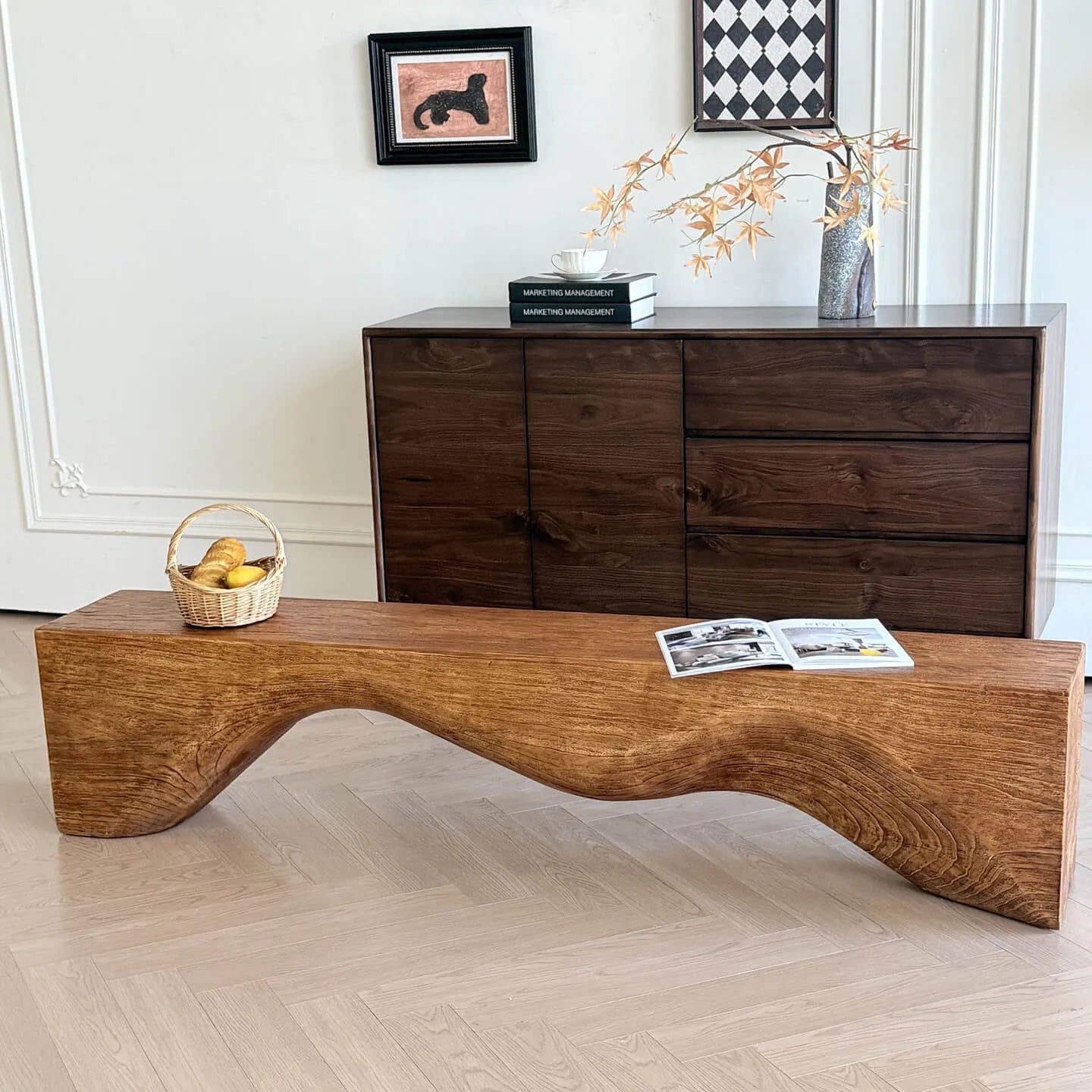 Wabi-Sabi Low Solid Wood Entryway Bench with Sculptural Undulating Form Main Product Image Main image