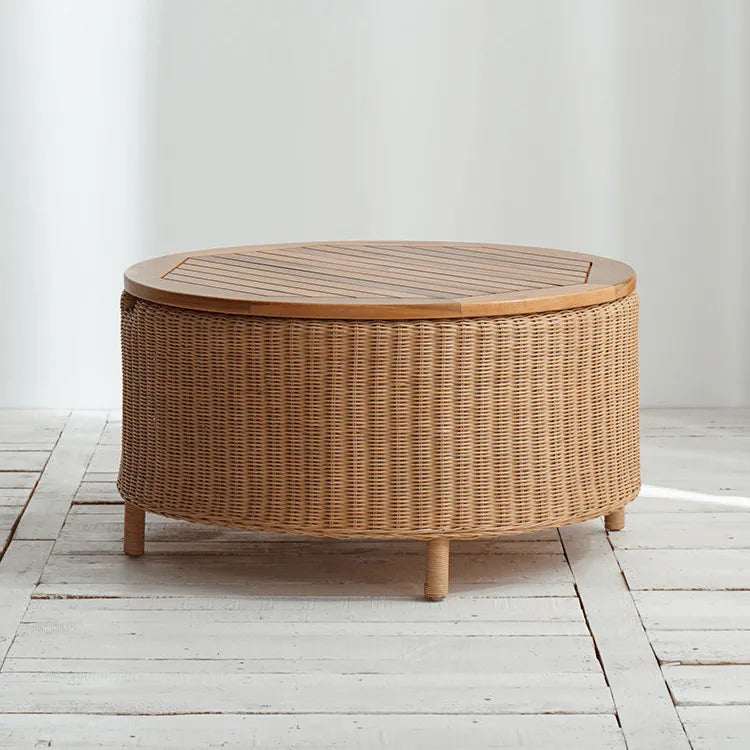 Wabi-Sabi Rattan Coffee Table with Solid Wood Trim and Hidden Storage