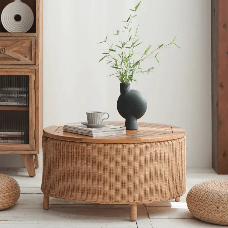 Wabi-Sabi Rattan Coffee Table with Solid Wood Trim and Hidden Storage