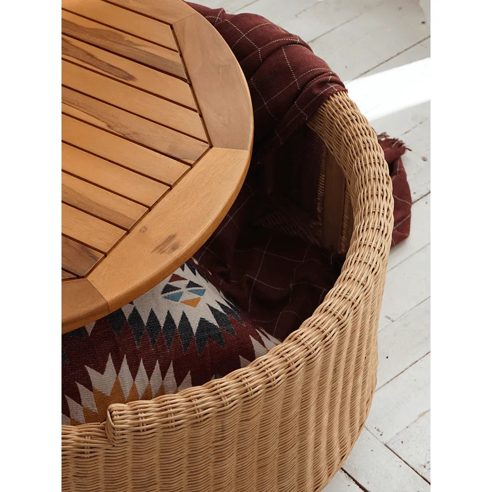 Wabi-Sabi Rattan Coffee Table with Solid Wood Trim and Hidden Storage