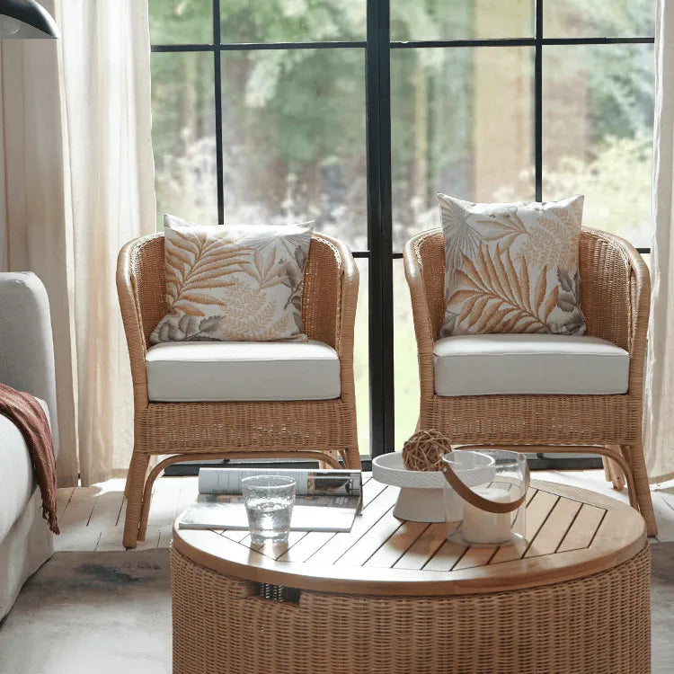 Wabi-Sabi Rattan Coffee Table with Solid Wood Trim and Hidden Storage