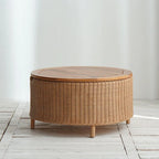 Wabi-Sabi Rattan Coffee Table with Solid Wood Trim and Hidden Storage