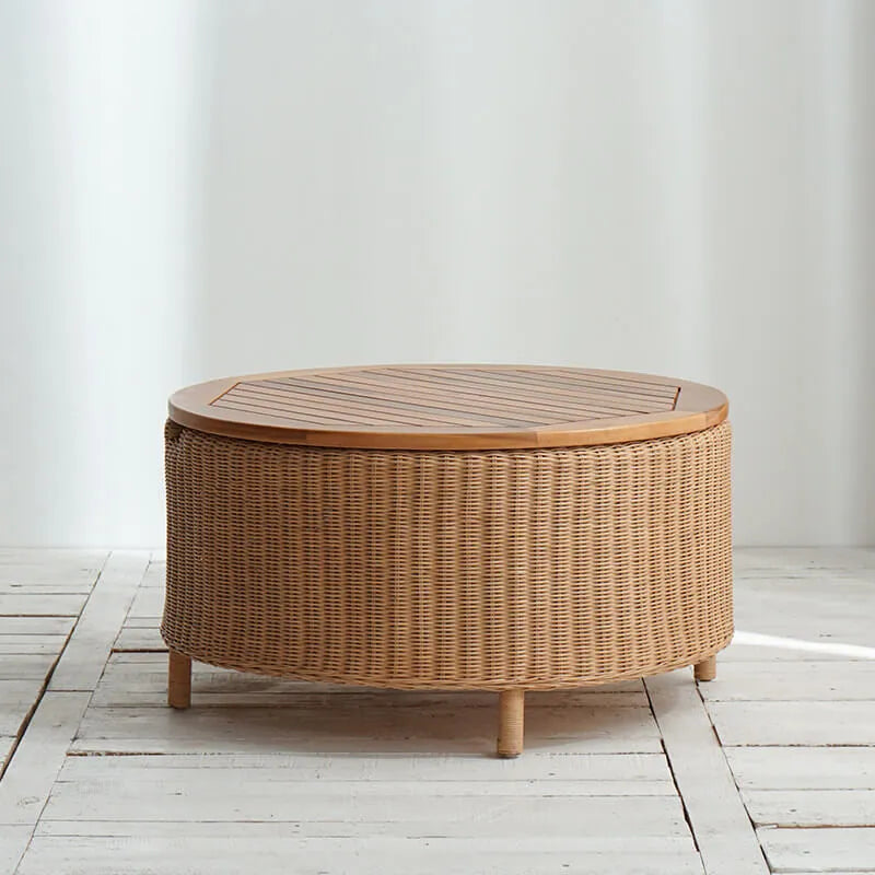 Wabi-Sabi Rattan Coffee Table with Solid Wood Trim and Hidden Storage