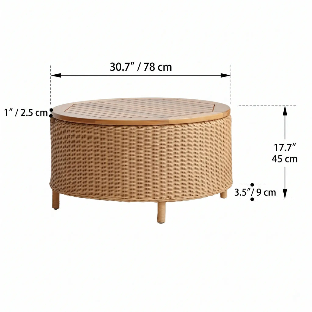 Wabi-Sabi Rattan Coffee Table with Solid Wood Trim and Hidden Storage Dimensions