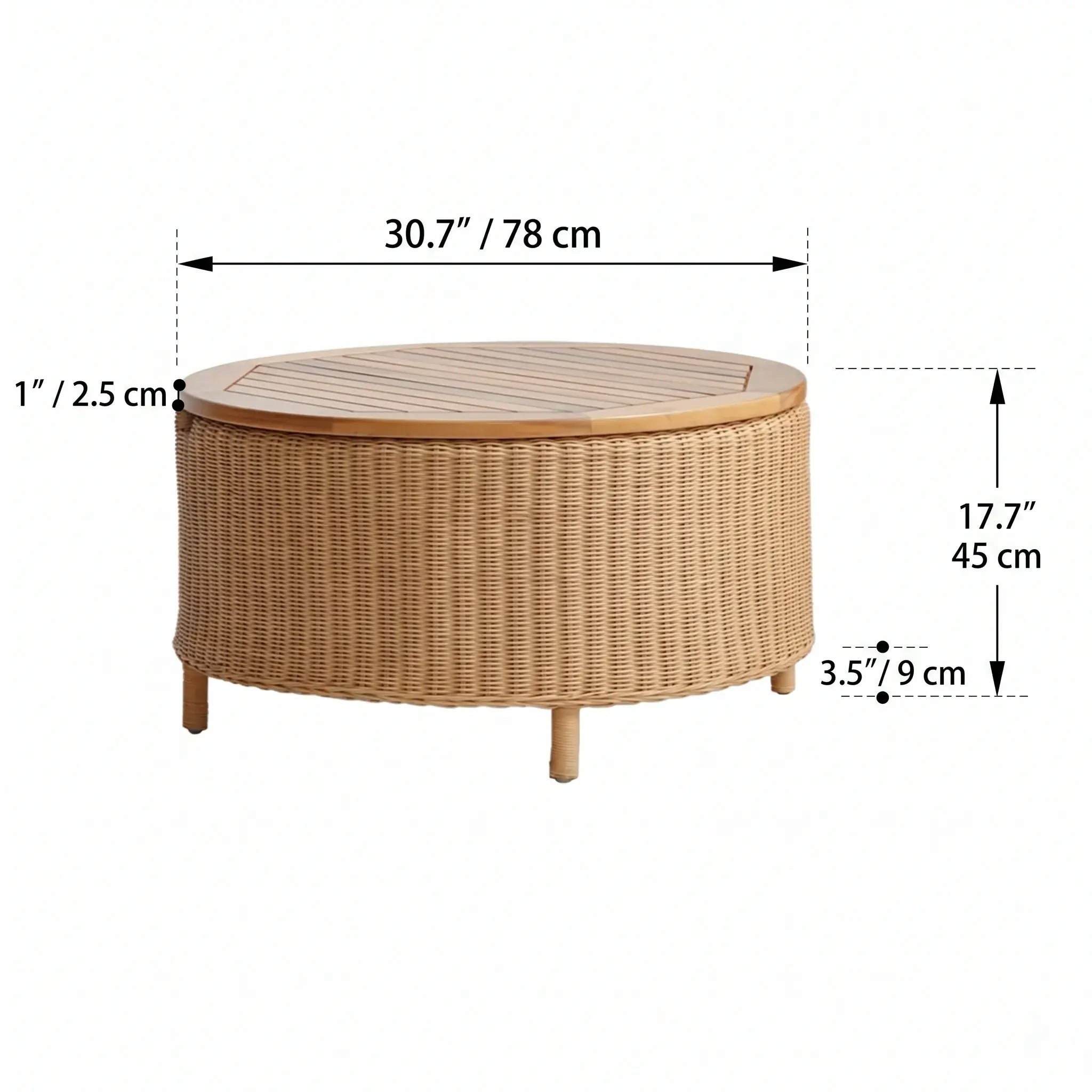 Wabi-Sabi Rattan Coffee Table with Solid Wood Trim and Hidden Storage Dimensions